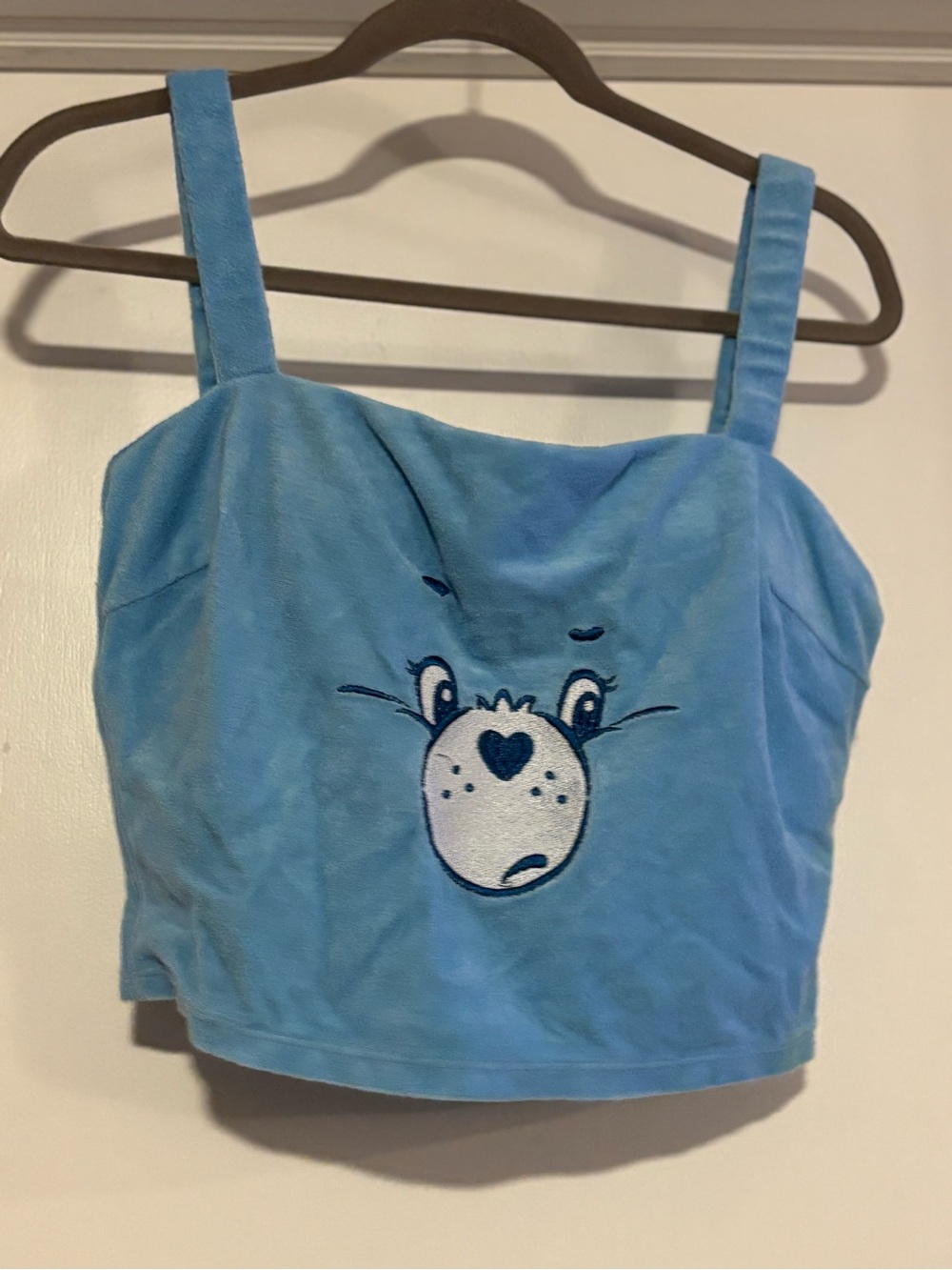 Light Blue Velour Cropped Camisole with Embroidered Care Bear Face